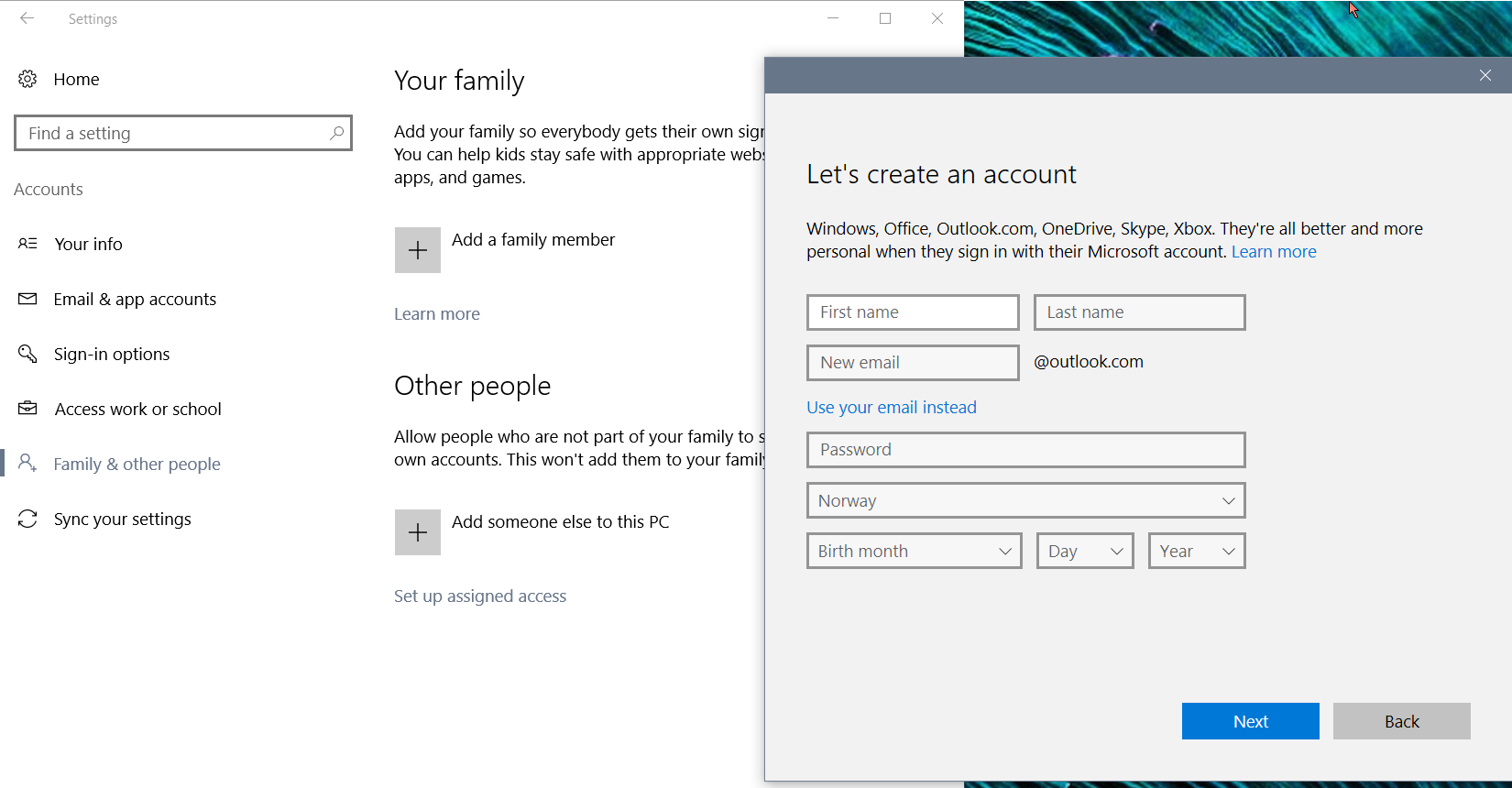 Windows 10 - Legg til familiemedlem